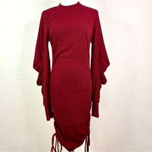Fashion Nova Burgundy Ribbed Midi Dress | Ruched Hem & Statement Sleeves | L